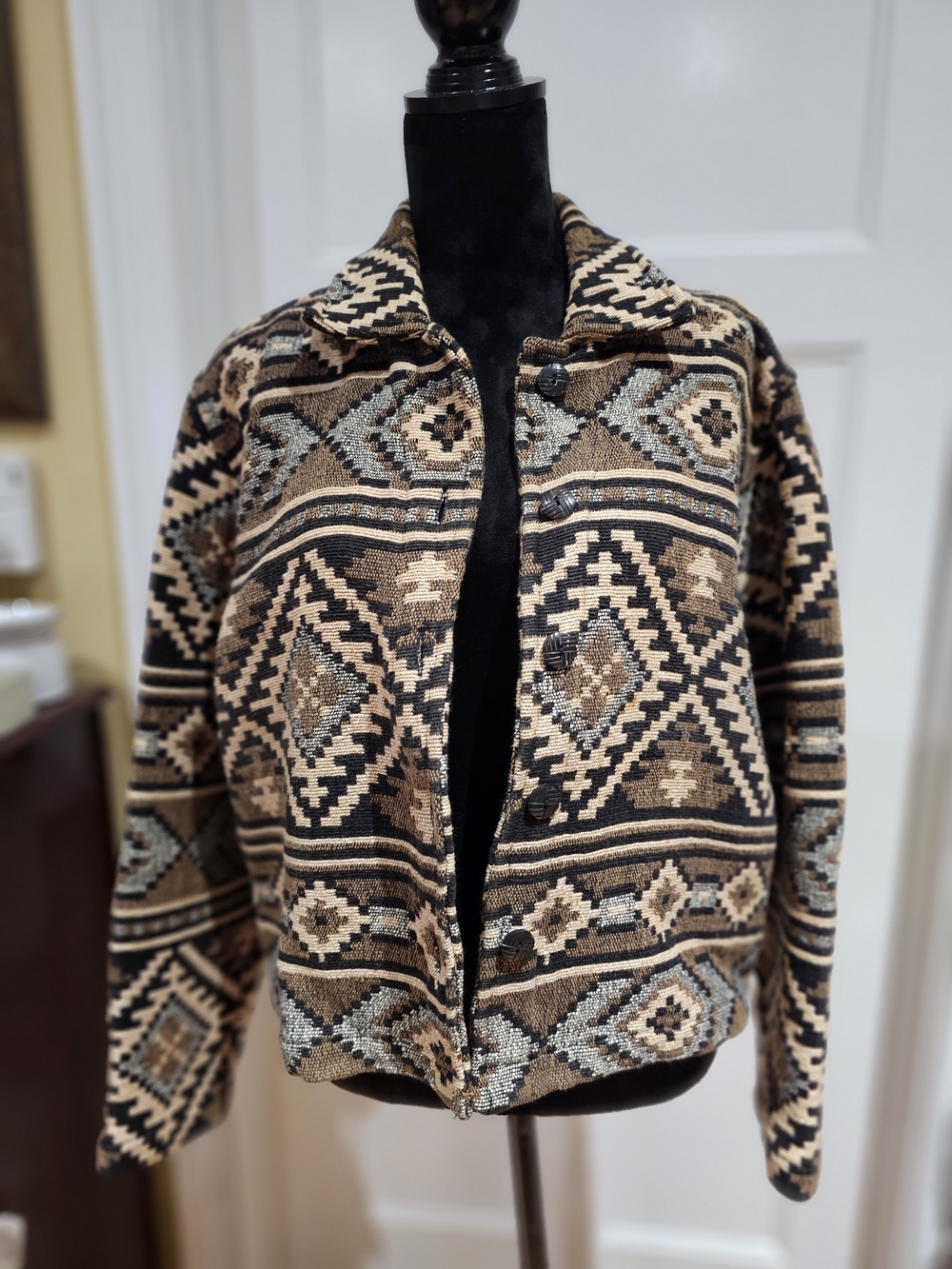 Women's Southwestern Jacket - Brown, Black & Cream Aztec Pattern